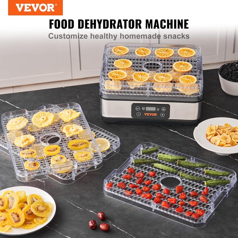 VEVOR آلة تجفيف الطعام، مجفف فواكه بخمسة صواني، مجفف طعام كهربائي بقوة 300 واط مع مؤقت رقمي قابل للتعديل ودرجة حرارة لتجفيف اللحم، الأعشاب، اللحم البقري، الفواكه، مكافآت الكلاب والخضروات، مدرج في ETL - Image 2